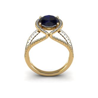 2 Carat Oval Shape Sapphire and Halo Diamond Ring In 14 Karat Yellow Gold