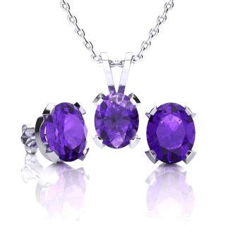 3 Carat Oval Shape Amethyst Necklace and Earring Set In Sterling Silver