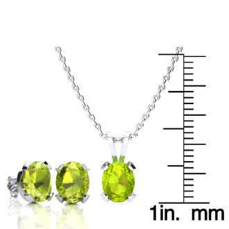 3 Carat Oval Shape Peridot Necklace and Earring Set In Sterling Silver