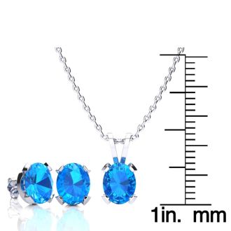 3 Carat Oval Shape Blue Topaz Necklace and Earring Set In Sterling Silver