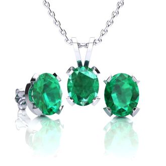 3 Carat Oval Shape Emerald Necklaces and Earring Set In Sterling Silver, 18 Inch Chain