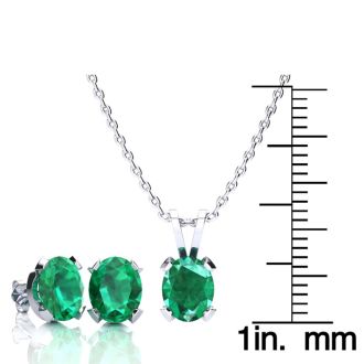 3 Carat Oval Shape Emerald Necklaces and Earring Set In Sterling Silver, 18 Inch Chain