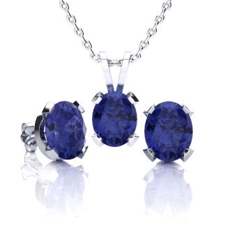 3 Carat Oval Shape Tanzanite Necklace and Earring Set In Sterling Silver
