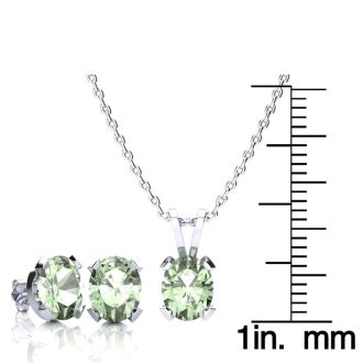3 Carat Oval Shape Green Amethyst Necklace and Earring Set In Sterling Silver