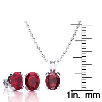 3 Carat Oval Shape Ruby Necklace and Earring Set In Sterling Silver