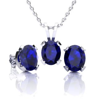 3 Carat Oval Shape Sapphire Necklace and Earring Set In Sterling Silver