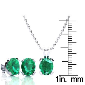 3-1/2 Carat Oval Shape Emerald Necklaces and Earring Set In Sterling Silver, 18 Inch Chain