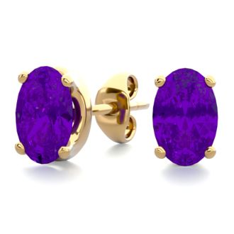 1 Carat Oval Shape Amethyst Stud Earrings In 14K Yellow Gold Over Sterling Silver