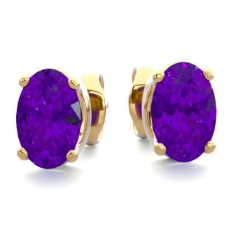 1 Carat Oval Shape Amethyst Stud Earrings In 14K Yellow Gold Over Sterling Silver