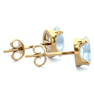 Aquamarine Earrings: Aquamarine Jewelry: 1 Carat Oval Shape Aquamarine Stud Earrings In 14K Yellow Gold Over Sterling Silver