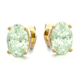 1 Carat Oval Shape Green Amethyst Stud Earrings In 14K Yellow Gold Over Sterling Silver