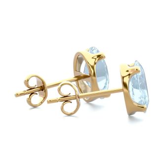 Aquamarine Earrings: Aquamarine Jewelry: 1 1/2 Carat Oval Shape Aquamarine Stud Earrings In 14K Yellow Gold Over Sterling Silver