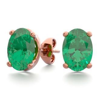 1 1/2 Carat Oval Shape Emerald Stud Earrings In 14K Rose Gold Over Sterling Silver