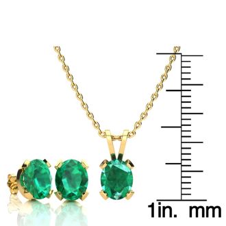 3 Carat Oval Shape Emerald Necklaces and Earring Set In 14 Karat Yellow Gold Over Sterling Silver, 18 Inch Chain