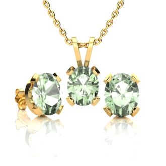 3 Carat Oval Shape Green Amethyst Necklace and Earring Set In 14K Yellow Gold Over Sterling Silver