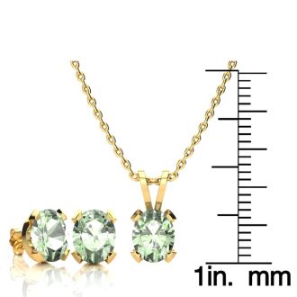 3 Carat Oval Shape Green Amethyst Necklace and Earring Set In 14K Yellow Gold Over Sterling Silver