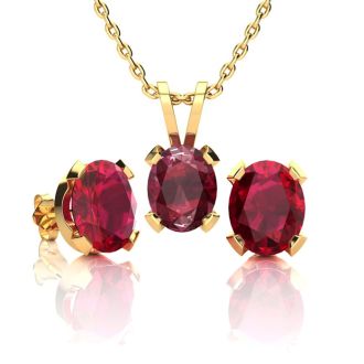 3 Carat Oval Shape Ruby Necklace and Earring Set In 14K Yellow Gold Over Sterling Silver
