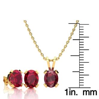 3 Carat Oval Shape Ruby Necklace and Earring Set In 14K Yellow Gold Over Sterling Silver
