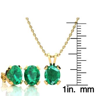 3-1/2 Carat Oval Shape Emerald Necklaces and Earring Set In 14 Karat Yellow Gold Over Sterling Silver, 18 Inch Chain