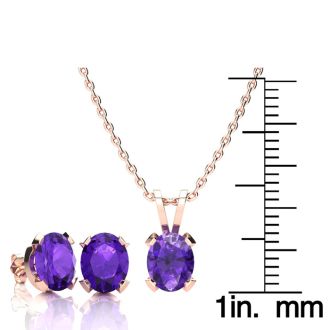 3 Carat Oval Shape Amethyst Necklace and Earring Set In 14K Rose Gold Over Sterling Silver