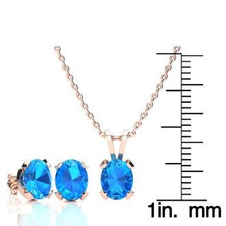 3 Carat Oval Shape Blue Topaz Necklace and Earring Set In 14K Rose Gold Over Sterling Silver