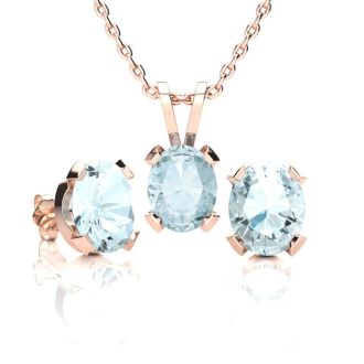 Aquamarine Necklace: Aquamarine Jewelry: 3 Carat Oval Shape Aquamarine Necklace and Earring Set In 14K Rose Gold Over Sterling Silver