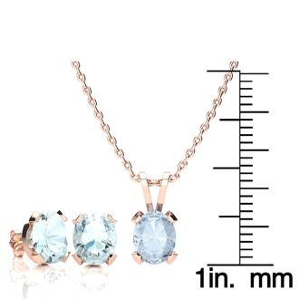 Aquamarine Necklace: Aquamarine Jewelry: 3 Carat Oval Shape Aquamarine Necklace and Earring Set In 14K Rose Gold Over Sterling Silver