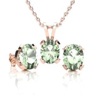 3 Carat Oval Shape Green Amethyst Necklace and Earring Set In 14K Rose Gold Over Sterling Silver