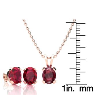 3 Carat Oval Shape Ruby Necklace and Earring Set In 14K Rose Gold Over Sterling Silver