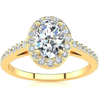 1 Carat Oval Shape Halo Diamond Engagement Ring in 14 Karat Yellow Gold