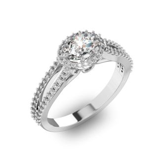 1 Carat Oval Halo Diamond Engagement Ring in 14 Karat White Gold, Split Shank