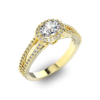 1 Carat Oval Halo Diamond Engagement Ring in 14 Karat Yellow Gold, Split Shank