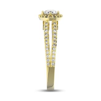 1 Carat Oval Halo Diamond Engagement Ring in 14 Karat Yellow Gold, Split Shank