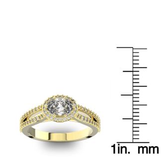 1 Carat Oval Halo Diamond Engagement Ring in 14 Karat Yellow Gold, Split Shank