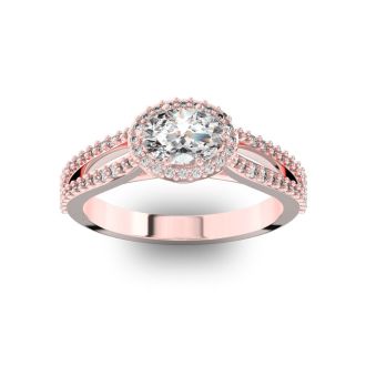 1 Carat Oval Halo Diamond Engagement Ring in 14 Karat Rose Gold, Split Shank