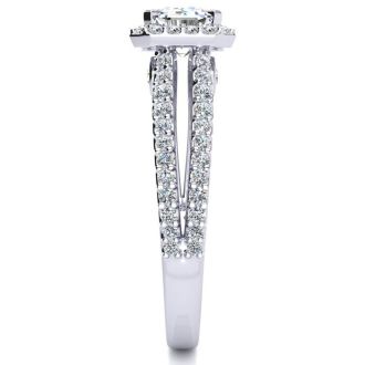1 1/2 Carat Halo Diamond Engagement Ring in 14 Karat White Gold, Split Shank