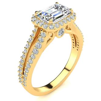 1 1/2 Carat Halo Diamond Engagement Ring in 14 Karat Yellow Gold, Split Shank