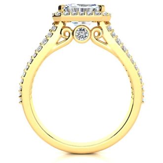 1 1/2 Carat Halo Diamond Engagement Ring in 14 Karat Yellow Gold, Split Shank