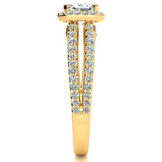 1 1/2 Carat Halo Diamond Engagement Ring in 14 Karat Yellow Gold, Split Shank