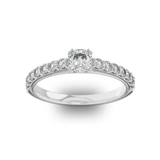1 Carat Cushion Cut Double Prong Set Engagement Ring In 14 Karat White Gold