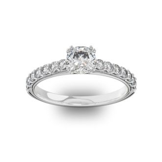 1 1/4 Carat Cushion Cut Double Prong Set Engagement Ring In 14 Karat White Gold