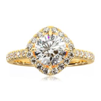 1 1/3 Carat Cushion Style Halo Diamond Engagement Ring in 14 Karat Yellow Gold 