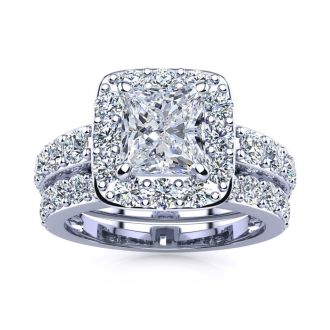 3 1/4 Carat Princess Shape Halo Diamond Bridal Set in 14k White Gold