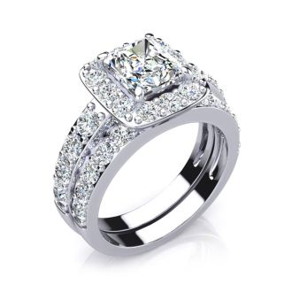 3 1/4 Carat Princess Shape Halo Diamond Bridal Set in 14k White Gold