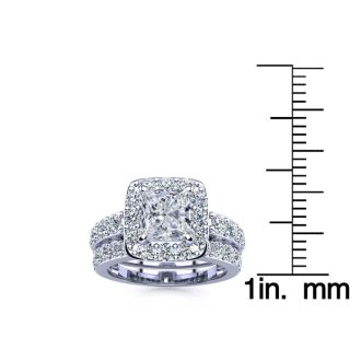 3 1/4 Carat Princess Shape Halo Diamond Bridal Set in 14k White Gold