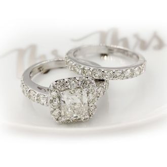 3 1/4 Carat Princess Shape Halo Diamond Bridal Set in 14k White Gold