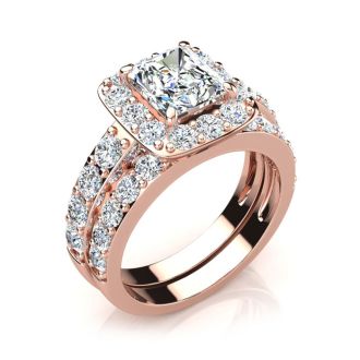 3 1/4 Carat Princess Shape Halo Diamond Bridal Set in 14k Rose Gold