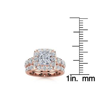 3 1/4 Carat Princess Shape Halo Diamond Bridal Set in 14k Rose Gold