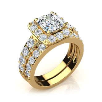 4 1/4 Carat Princess Halo Diamond Bridal Set in 14k Yellow Gold