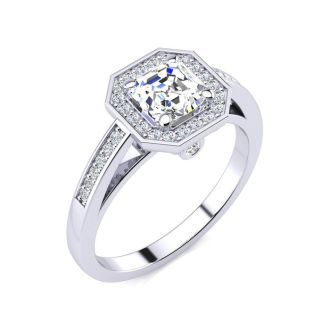 1 1/4 Carat Asscher Cut Halo Diamond Engagement Ring In 14 Karat White Gold